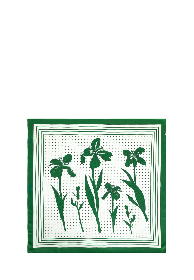 Groene zijden sjaal met een geïllustreerd bloemenpatroon van iris op een witte achtergrond met groene stippen en een gestreepte rand.