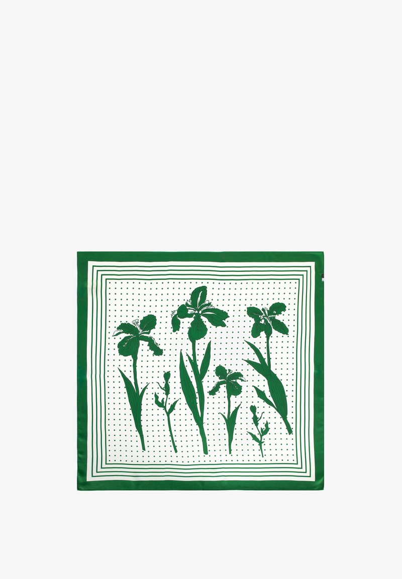 Bufanda de seda verde con un patrón floral ilustrado de lirios sobre un fondo blanco con lunares verdes y un borde a rayas.