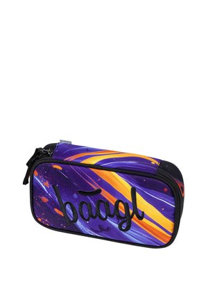 Rectangular pencil case with zipper, featuring purple, orange, and yellow abstract streaks and the word "baagl" embroidered on the front.