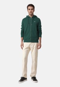 Grøn zip-up hættetrøje med snoretræk i hætten, frontlommer, parret med beige bukser og sorte sneakers. Enkel, afslappet design.