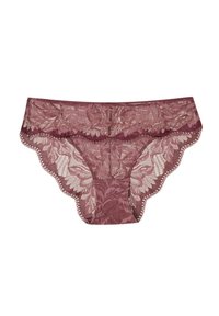 Lace bikini in dark rose with intricate floral patterns, scalloped edges, and a subtle sheen. Soft, sheer texture throughout.