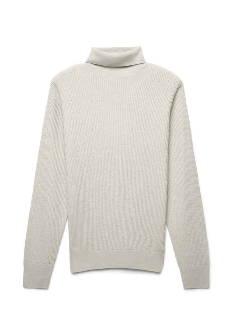Maglione grigio chiaro a collo alto con un motivo a costine testurizzato. Maniche lunghe e una silhouette aderente con un orlo ampio.