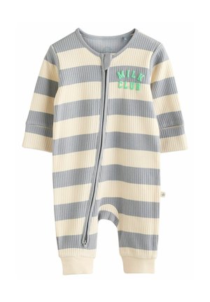Striped onesie in gray and cream with a zipper front, featuring ribbed texture and "MILK CLUB" text in green on the chest.