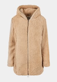 Beige sherpa fleece hættejakke med fuld metal lynlås og lange ærmer, lavet af blødt, tekstureret stof.