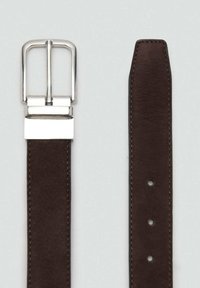 Brown leather belt with a silver rectangular buckle, smooth texture, and five adjustment holes located along one edge.