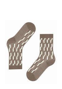 Braune Socken mit einem weißen welligen Muster, einem gerippten oberen Rand und glatter Textur, entworfen für Komfort und Langlebigkeit.