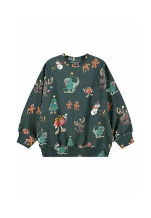 Felpa verde scuro con disegni natalizi in stile cartone animato, tra cui alberi decorati, omini di pan di zenzero, pupazzi di neve, alci e scatole regalo con volti.