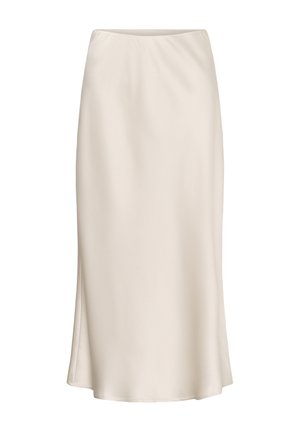 Midi sukňa krémovej farby s vysokým pásom, hladkou textúrou a miernym rozšírením v spodnej časti.