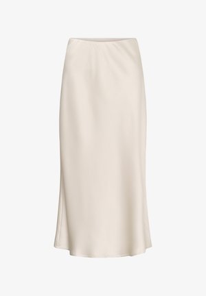 Jupe midi couleur crème, taille haute, à texture lisse et légère évasée à l'ourlet.