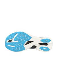 Laufschuhsohle mit einem schwarz-weißen Design und einer blauen Gummischicht, strukturierten Oberflächen und strategisch platzierten Rillen für besseren Grip.