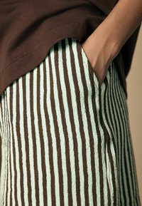 Braunes Kurzarmoberteil über mintgrünen und braun gestreiften, strukturierten Hosen. Die Hose hat vertikale Streifen und eine seitliche Tasche.