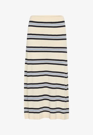 Tehényei hosszúságú szoknya krém színben, vízszintes csíkokkal sötétkék, világoskék és szürke árnyalatban. Puha anyag, egyenes szabású, és rugalmas derékrésszel rendelkezik.