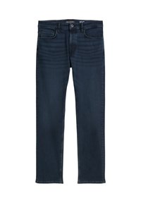 Donkerblauwe denim jeans met een rechte pijpdesign, voorzien van vijf zakken en subtiele vervaging aan de voorkant. Geen zichtbare hardware accenten.