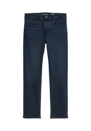 Dunkelblaue Jeans aus Denim mit geradem Bein, ausgestattet mit fünf Taschen und subtiler Ausbleichung an der Vorderseite. Keine sichtbaren Metallakzente.