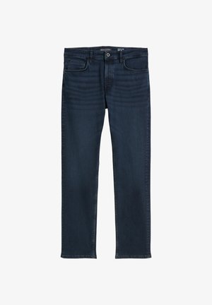 Ciemnoniebieskie dżinsy o prostym kroju, z pięcioma kieszeniami i delikatnym przetarciem na przodzie. Bez widocznych elementów metalowych.