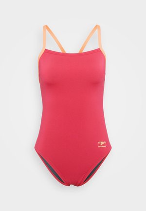 Vientisas maudymosi kostiumėlis ryškiai rožinės spalvos su kontrastingomis oranžinėmis petnešomis. Pagamintas iš lygios, tamprios medžiagos. Yra logotipo detalė ant klubo.