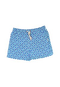 Blaue Badeshorts mit einem geometrischen Muster in Weiß und Hellblau, einem elastischen Bund und einem natürlichen Kordelzug.