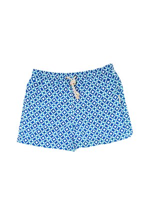 Blaue Badeshorts mit einem geometrischen Muster in Weiß und Hellblau, einem elastischen Bund und einem natürlichen Kordelzug.