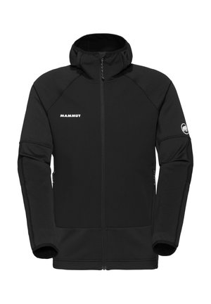 Zwarte softshell jas met ritssluiting, hoge kraag en zijzakken. Voorzien van een logo op de borst en manchetten. Rekbare, gladde textuur.