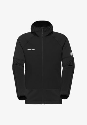 Sort softshell jakke med lynlåslukning, høj krave og sidelommer. Har et logo på brystet og på manchetten. Strækbar, glat tekstur.