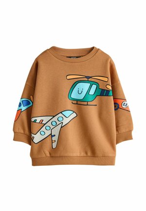 Bruine kindersweatshirt met kleurrijke cartoonillustraties van een helikopter, vliegtuig en raceauto op de voorkant en mouwen.