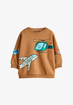 Felpa marrone per bambini con illustrazioni colorate di elicottero, aereo e auto da corsa sul davanti e sulle maniche.