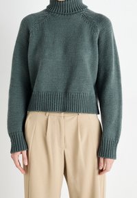 Personne portant un pull à col roulé en maille épaisse couleur sarcelle et un pantalon plissé beige taille haute sur fond blanc.