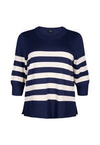 Navy en crèmekleurige gestreepte gebreide trui met een ronde halslijn, driekwartmouwen en zijsplitten voor comfort en vrijheid van beweging.