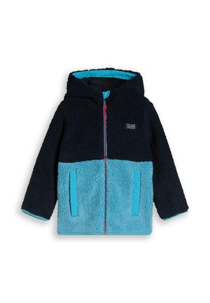 Giacca in pile con cappuccio per bambini, metà superiore blu navy, metà inferiore azzurro chiaro, chiusura con zip frontale e due tasche frontali.