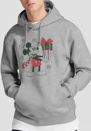 Gray hoodie featuring a vintage-style illustration of Mickey Mouse holding a gift, with green and red accents and snowflake details.