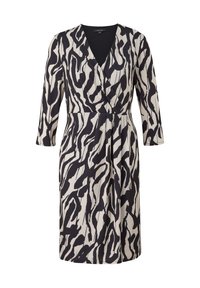 Robe portefeuille noir et blanc avec un col en V, des manches trois-quarts et une jupe fluide. Présente un motif abstrait audacieux aux couleurs contrastantes.