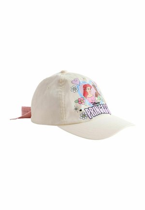 Beige pet met Disney Prinsessen karakters, bloemen, hartjes en de tekst "Princess" aan de voorkant, met een roze verstelbare band aan de achterkant.