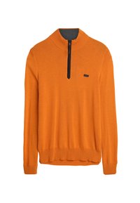 Oranje trui met een hoge kraag, kwart-rits hals, ribgebreide mouwen en zoom. Bevat een zwarte accent op de borst. Gladde gebreide textuur.