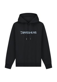 Zwarte hoodie van katoen, met een trekkoordkap en een voorkantzak. "TOMORROWLAND" gedrukt in lichtblauwe druipende letters over de borst.