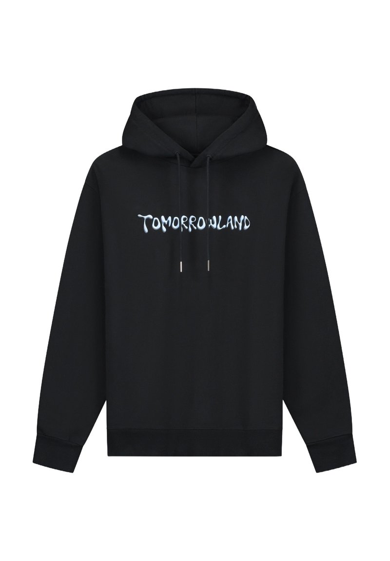 Zwarte hoodie van katoen, met een trekkoordkap en een voorkantzak. "TOMORROWLAND" gedrukt in lichtblauwe druipende letters over de borst.