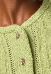 Detailní záběr na tmavou pleť, klíční kost a měkký, světle zelený pletený cardigan s lesklými zlatými knoflíky.