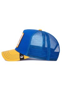 Blue mesh cap with a yellow visor and stitching. Features a front patch detail and a black logo tag on the side.
