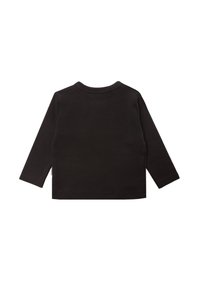 Black long-sleeve cotton shirt with a round neckline. Smooth texture, simple design, and a tag visible on the left seam.