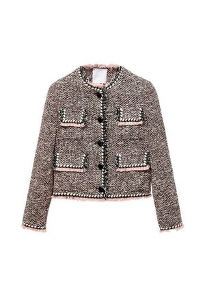 Tweed jacket in gray and pink with two front pockets, button closure, and fringed edges; rounded neckline and cropped design.