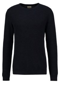 Pull en maille bleu marine foncé, col rond, surface texturée, manches longues, poignets et ourlet côtelés. Design décontracté adapté pour être superposé.