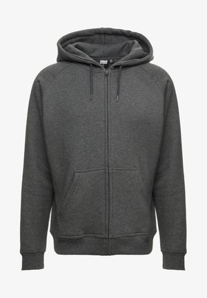 Siva zip-up kapuca iz mešanice bombaža, z vrvico, stranskimi žepi in rebrastimi manšetami ter robom.