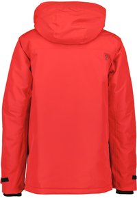 Röd vattentät jacka med huva, med långa ärmar, en slät textur och svarta detaljer på ärmsluten och fållen. Enkel design på baksidan.