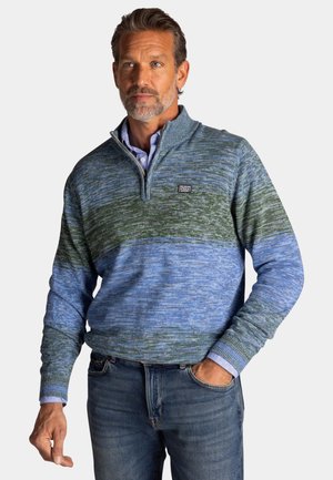 Man met grijs haar en baard, draagt een blauwgroen gestreepte trui over een overhemd met kraag, hand in de spijkerbroekzak, neutrale achtergrond.