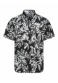 Camisa de manga corta en negro con patrón floral blanco, cuello button-down, tejido de algodón y un ajuste relajado. Botones frontales y un dobladillo curvado.