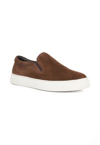 Brown suede slip-on shoes with a white rubber sole, featuring elastic side panels and a smooth texture.