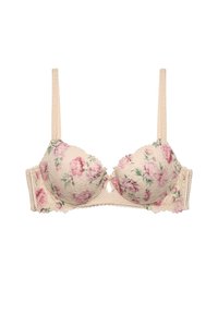 Beige kanten beha met bloemmotieven in roze en groen. Voorzien van gevormde cups en verstelbare schouderbanden. Inclusief een decoratieve sleutelgatdetail in het midden.