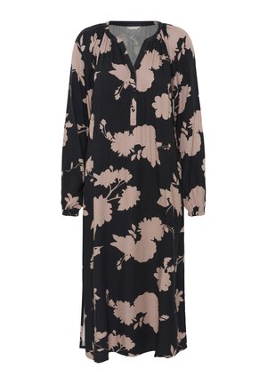 Dolga črna obleka z abstraktnim roza cvetličnim vzorcem, V-izrezom in nabranimi manšetami. Leteča tkanina s stranskimi razporki za olajšano gibanje.