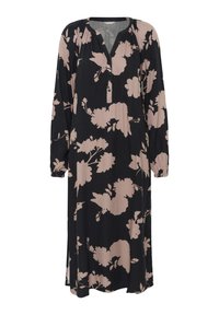 Rochie neagră cu mâneci lungi, cu un model floral abstract în nuanțe de roz, decolteu în V și mansete gatherate. Material fluid cu fante laterale pentru comoditate în mișcare.