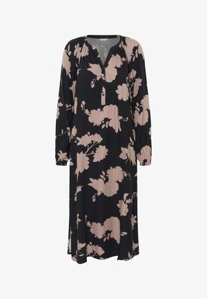 Šaty s dlhým rukávom, čierne, s abstraktným ružovým kvetinovým vzorom, V-výstrihom a naťahovacími manžetami. Plynulá látka s bočnými rozparkami pre pohodlný pohyb.