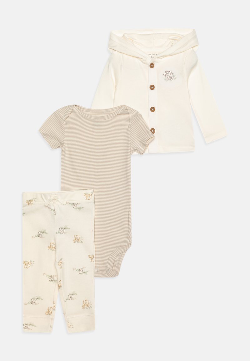 Trzyczęściowy zestaw ubranek dla niemowląt: kremowy rozpinany hoodie z guzikami, beżowy bodysuit w paski z krótkim rękawem oraz kremowe legginsy w zwierzęcy wzór.